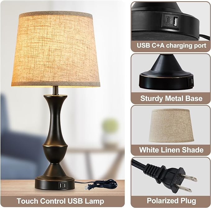 Luvkczc Table Lamps for Bedrooms Set of 2, Bedside Lamps with USB C+A Ports, Lamps for Nightstand, Touch Table Lamps, 3 Way Dimmable Nightstand Lamps for Bedroom, Living Room (Bulb Included) - LeafyLoom