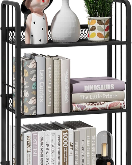 Bookshelf Storage Shelf Bookcase Freestanding Storage Stand Book Organizer for Living Room, Bedroom, Kitchen, Rust Resistance,Easy Assembly Multi-Functional Organizer (3 Tiers Black) - LeafyLoom