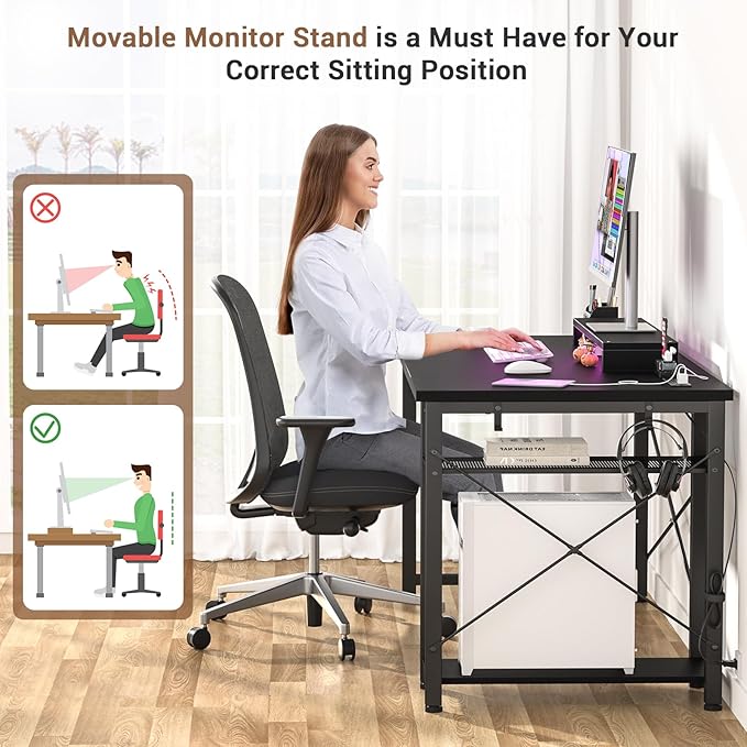 armocity 47 Gaming Computer Desk with LED Lights, Power Outlet and USB, Reversible Laptop Table with Moveable Monitor Stand for Small Spaces, Office, Gaming Room, Black - LeafyLoom