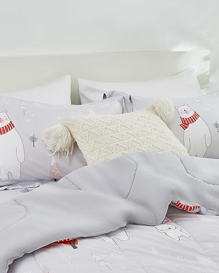 Kids Christmas Comforter Set Full for Boys Girls, Cute Reversible Quilted Bear Snowmen Reindeer Bunny Printed Bedding Set with Pillow Sham, Lightweight Soft Breathable Washable Bed Set 3 Piece - LeafyLoom