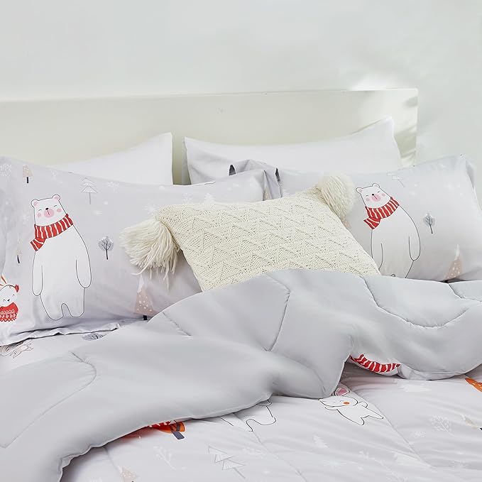 Kids Christmas Comforter Set Full for Boys Girls, Cute Reversible Quilted Bear Snowmen Reindeer Bunny Printed Bedding Set with Pillow Sham, Lightweight Soft Breathable Washable Bed Set 3 Piece - LeafyLoom