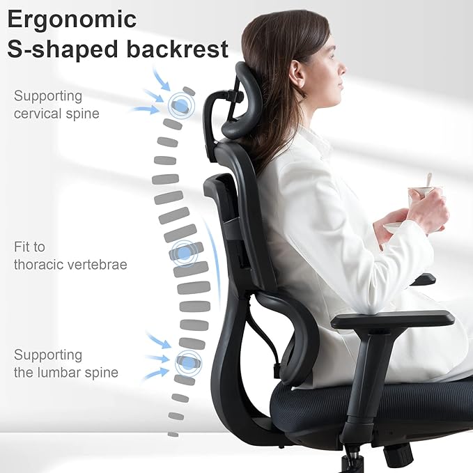 Ergonomic Office Chair - Mesh Office Chair High Back, Rolling Desk Chair, Executive Swivel Chair, Computer Chair with 3D Adjustable Armrest, 3D Lumbar Support, Blade Wheels, Adjustable Headrest - LeafyLoom