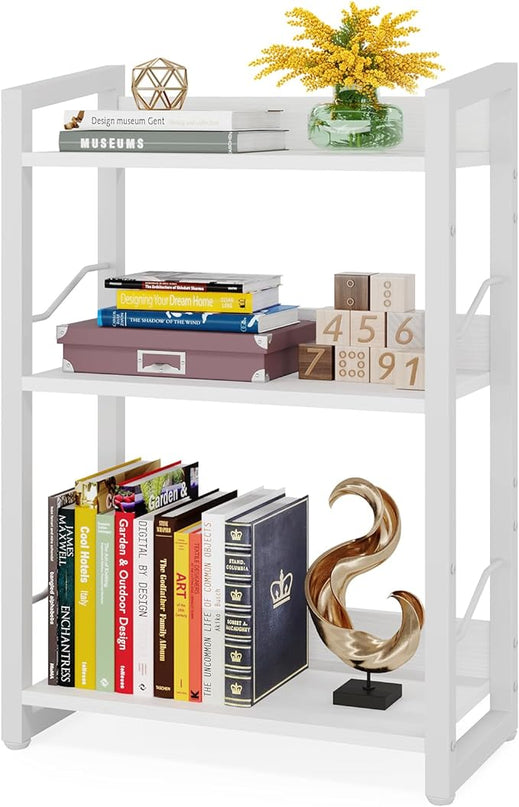 Book Shelf Small Bookshelf - 3-Tier Wood Bookcase Industrial Bookshelf Metal Narrow Bookshelves Storage Organizer Display Rack for Bedroom Living Room Home Office (White) - LeafyLoom