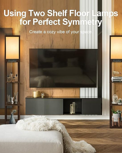 OUTON Floor Lamp with Shelves, LED Shelf Floor Lamp with USB & Type C Ports, 1 AC Outlet, 3 Color Temperature, Storage Display Wood Column Tall Standing Lamp for Living Room, Bedroom Office, Walnut - LeafyLoom