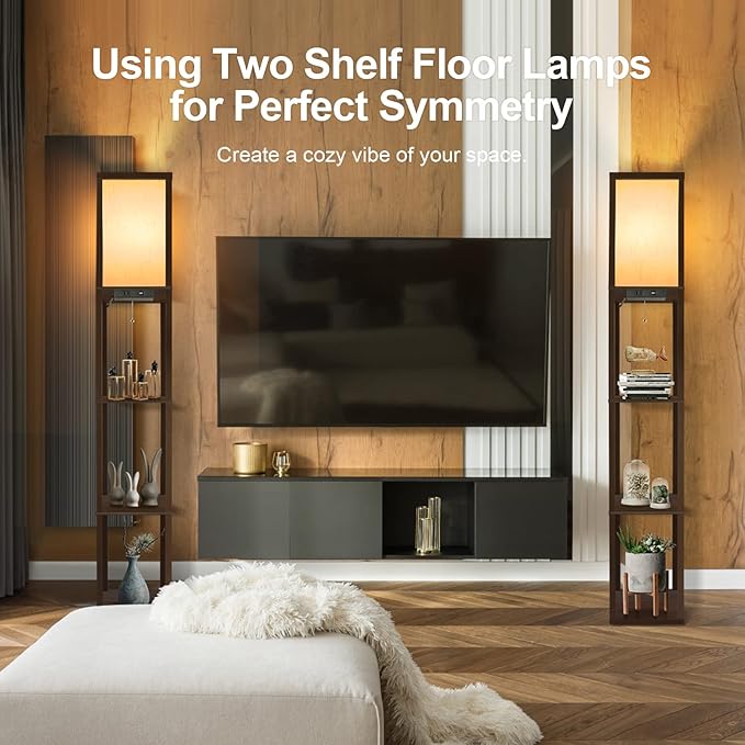 OUTON Floor Lamp with Shelves, LED Shelf Floor Lamp with USB & Type C Ports, 1 AC Outlet, 3 Color Temperature, Storage Display Wood Column Tall Standing Lamp for Living Room, Bedroom Office, Walnut - LeafyLoom
