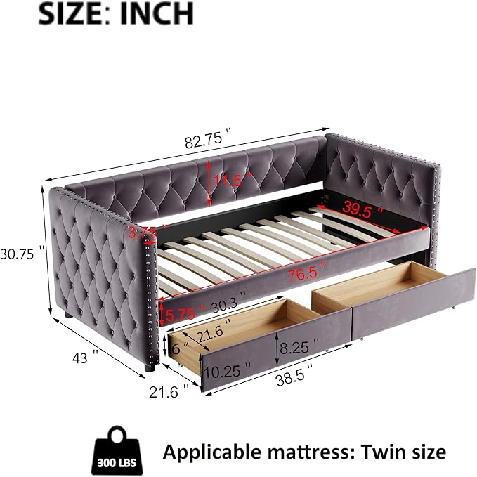 Twin Size Velvet Upholstered Daybed with Two Storage Drawers, Solid Wood Bed w/Button Tufted Backrest, for Living Room, Bedroom, Dorm, No Box Spring Needed - LeafyLoom