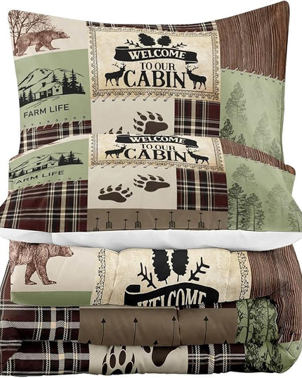 LUVIVIHOME 3PCS Rustic Cabin Comforter Set King Size, Brown Plaid Patchwork Sage Green Quilt, Bear Deer Moose Woodland Forest Animal Hunting Wildlife Lodge Country Farmhouse Bedding, 2 Pillow Shams - LeafyLoom