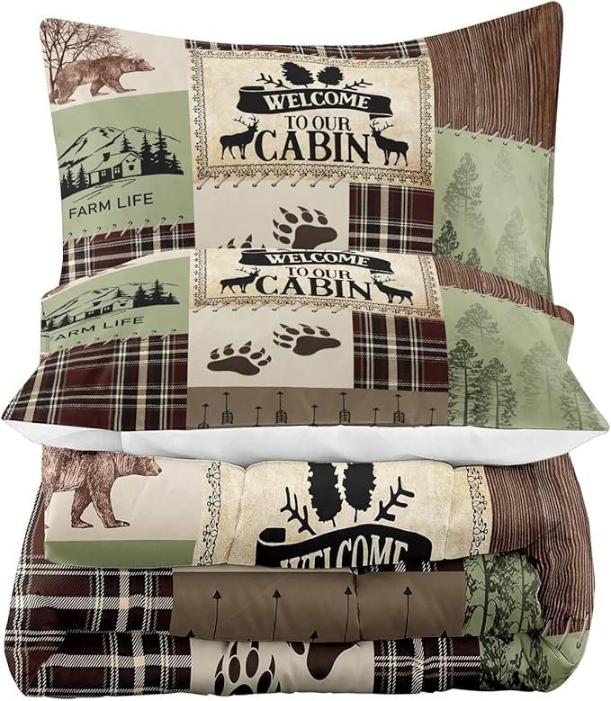 LUVIVIHOME 3PCS Rustic Cabin Comforter Set Queen Size, Brown Plaid Patchwork Sage Green Quilt, Bear Deer Moose Woodland Forest Animal Hunting Wildlife Lodge Country Farmhouse Bedding, 2 Pillow Shams - LeafyLoom