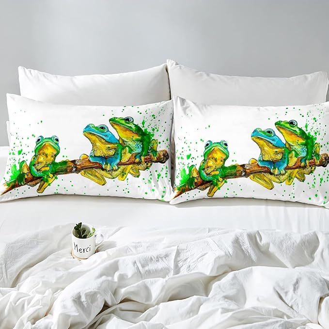 Erosebridal Cartoon Frog Comforter Set King Size, Green Tie Dye Down Comforter, Tree Branch Quilted Duvet,Animal Soft Duvet Insert for Kid Adult, White Room Decor Bedding Comforter Set - LeafyLoom