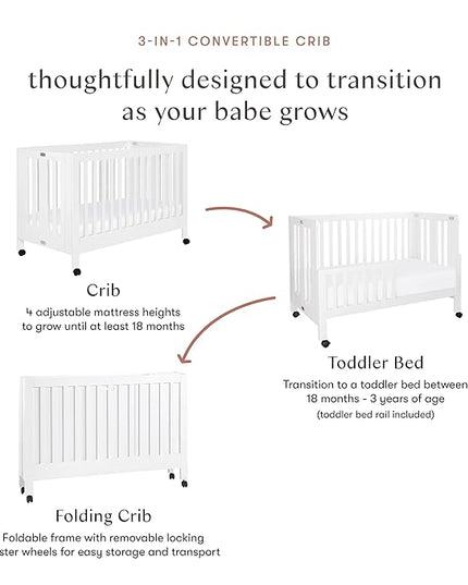 Babyletto Maki Full-Size 2-in-1 Portable Folding Crib with Toddler Bed Conversion Kit in White, Greenguard Gold Certified - LeafyLoom