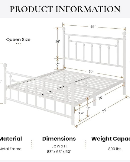 SHA CERLIN 14'' Queen Size Metal Platform Bed Frame/Victorian Headboard and Footboard/Steel Slats Mattress Foundation for Storage/No Box Spring Needed/Noise Free/Off-White - LeafyLoom