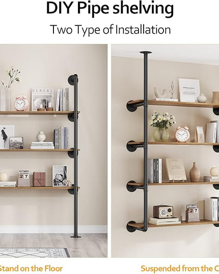Pynsseu Industrial Iron Pipe Shelf Wall Mount, Farmhouse DIY Open Bookshelf, Pipe Shelves for Kitchen Bathroom, bookcases Living Room Storage, 2Pack of 4 Tier - LeafyLoom
