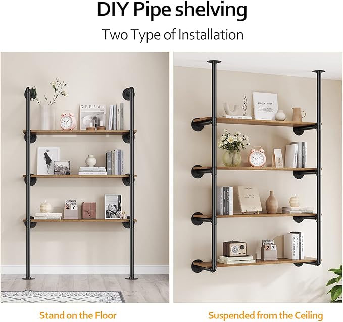 Pynsseu Industrial Iron Pipe Shelf Wall Mount, Farmhouse DIY Open Bookshelf, Pipe Shelves for Kitchen Bathroom, bookcases Living Room Storage, 2Pack of 4 Tier - LeafyLoom