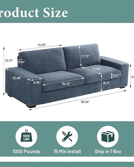 EASELAND Sofa Couch, 88" Chenille Loveseat for Living Room, 3 Seater Lounge Sofa for Bedroom with Removable Back and Seat Cushions, Modern Deep Seat Comfy Couch with Solid Wood Legs and Armrest (Blue) - LeafyLoom