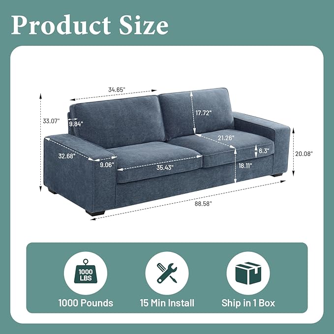 EASELAND Sofa Couch, 88" Chenille Loveseat for Living Room, 3 Seater Lounge Sofa for Bedroom with Removable Back and Seat Cushions, Modern Deep Seat Comfy Couch with Solid Wood Legs and Armrest (Blue) - LeafyLoom