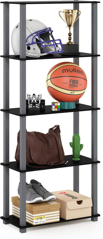 Furinno Turn-N-Tube 5-Tier Multipurpose Shelf / Display Rack / Storage Shelf / Bookshelf, Square Tubes, Black/Grey - LeafyLoom
