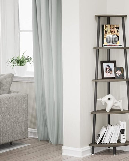 5-Tier Industrial Corner Shelf, Open Ladder Vintage Corner Bookshelf Stand, Wood and Metal Corner Bookcase, Leaning Modern Book Case for Office Home Living Room Bedroom Bathroom - Oak Gray - LeafyLoom