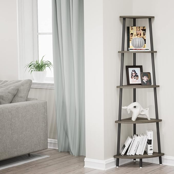 5-Tier Industrial Corner Shelf, Open Ladder Vintage Corner Bookshelf Stand, Wood and Metal Corner Bookcase, Leaning Modern Book Case for Office Home Living Room Bedroom Bathroom - Oak Gray - LeafyLoom