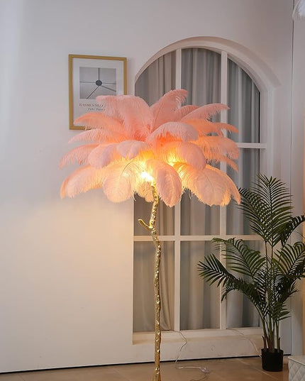 Luxury Resin Ostrich Feather Lamp, 35 Pieces real ostrich feathers,Feather Floor Lamp,Standing Lamp for Living Room, Bedroom and Office 67” Tall Feather Lamp (Pink) - LeafyLoom