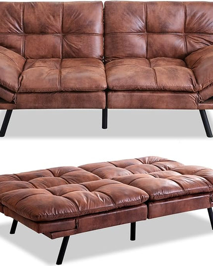 MUUEGM Futon Sofa Bed Convertible Memory Foam Sleeper Couch,Modern Faux Leather Loveseat for Living Room,Small Compact Space,Dorm,Office,Adjustable Armrests Backrest Sofabed, Brown - LeafyLoom
