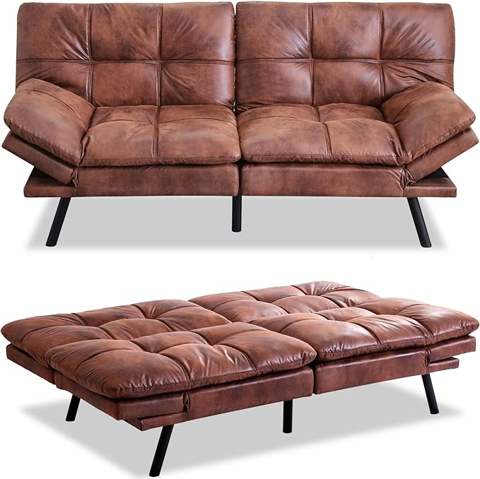 MUUEGM Futon Sofa Bed Convertible Memory Foam Sleeper Couch,Modern Faux Leather Loveseat for Living Room,Small Compact Space,Dorm,Office,Adjustable Armrests Backrest Sofabed, Brown - LeafyLoom