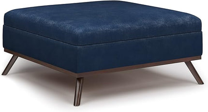 SIMPLIHOME Owen 36 Inch Wide Mid Century Modern Square Coffee Table Lift Top Storage Ottoman in Upholstered Distressed Dark Blue Faux Leather, For the Living Room - LeafyLoom