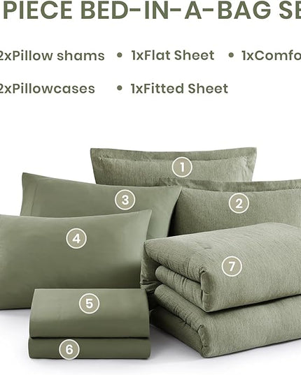 Monbix Full Size Comforter Set, Sage Green Bedding Comforter for Full Size Bed Set Reversible, Bedding Sets Full 7 Pieces, Cationic Dyeing Bed in a Bag with Comforter, Sheets, Pillowcases & Shams - LeafyLoom