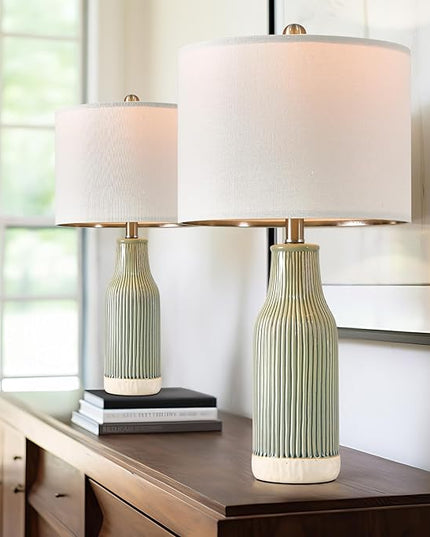 23.75" Modern Green Ceramic Table Lamp Set of 2 for Living Room, Farmhouse Bedside Nightstand Lamp for Bedroom Home Office Dorm - LeafyLoom