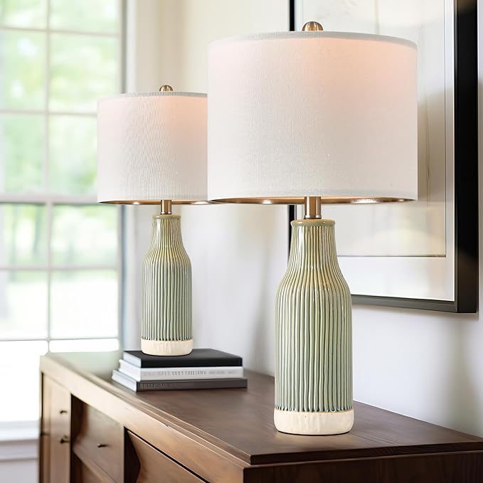 23.75" Modern Green Ceramic Table Lamp Set of 2 for Living Room, Farmhouse Bedside Nightstand Lamp for Bedroom Home Office Dorm - LeafyLoom