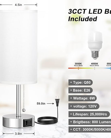 White Table Lamp for Bedroom Nightstand - Small Lamp with USB A + C Charging Port, 3 Color Temperatures Pull Chain Night Stand Light, Silver Base Desk Reading Lamp for Living Room - LeafyLoom