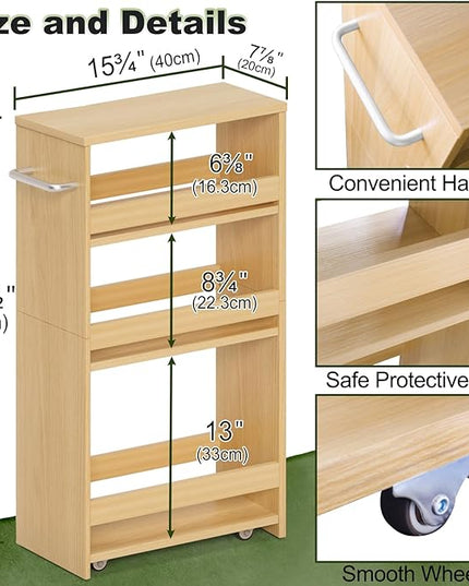 MARTY Rolling Storage Cart 7.9" W, 4-Tier Narrow Kitchen Cart on Wheels Laundry Room Organization with Handle Mobile Shelving Utility Cart Multi-Functional Trolley for Kitchen Bathroom (Maple) - LeafyLoom