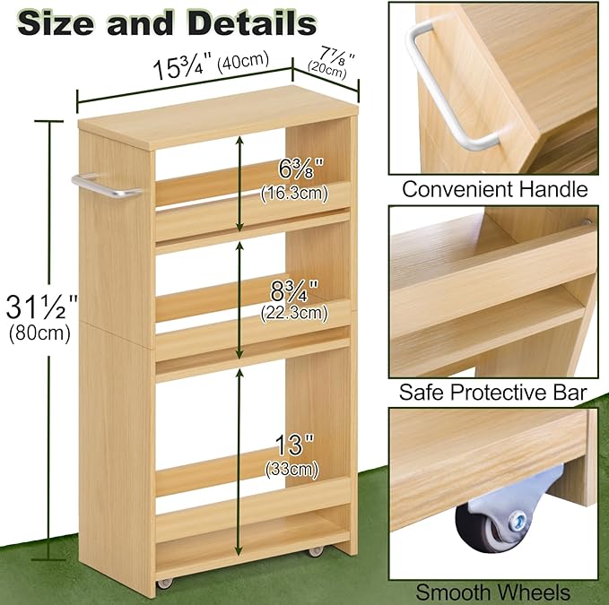 MARTY Rolling Storage Cart 7.9" W, 4-Tier Narrow Kitchen Cart on Wheels Laundry Room Organization with Handle Mobile Shelving Utility Cart Multi-Functional Trolley for Kitchen Bathroom (Maple) - LeafyLoom