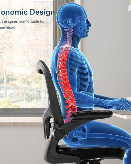 Office Chair, Ergonomic Desk Chair, PU Leather Padded Computer Chairs, Mesh Executive Chair with Lumbar Support Flip up Arms, Adjustable Height Home Task Swivel Rolling Chair,Black - LeafyLoom