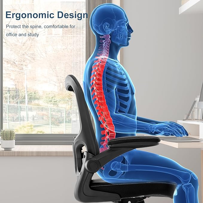 Office Chair, Ergonomic Desk Chair, PU Leather Padded Computer Chairs, Mesh Executive Chair with Lumbar Support Flip up Arms, Adjustable Height Home Task Swivel Rolling Chair,Black - LeafyLoom