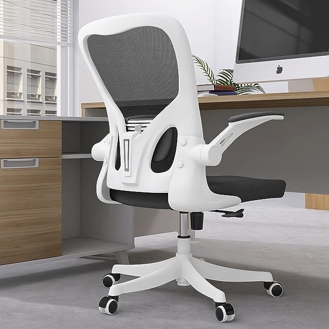Office Chair - Ergonomic Office Chair with Lumbar Support & Flip Up Arms Home Office Desk Chairs Rockable High Back Swivel Computer Chair White Frame & Black Mesh Study Chair - LeafyLoom