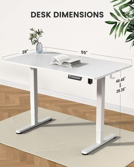 ErGear Height Adjustable Electric Standing Desk, 55 x 28 Inches Sit Stand up Desk, Memory Computer Home Office Desk (White) - LeafyLoom
