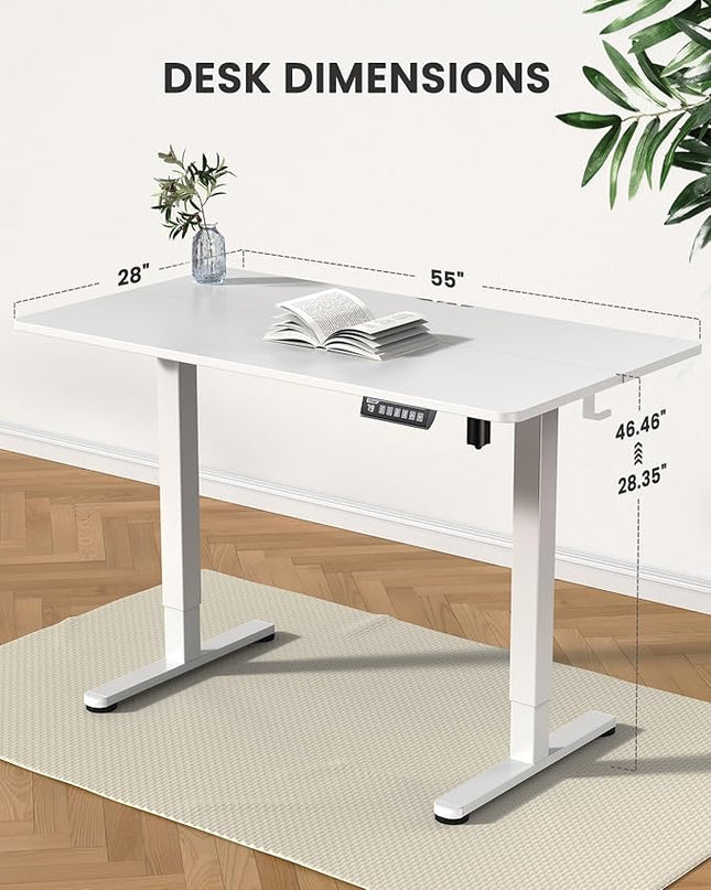 ErGear Height Adjustable Electric Standing Desk, 55 x 28 Inches Sit Stand up Desk, Memory Computer Home Office Desk (White) - LeafyLoom