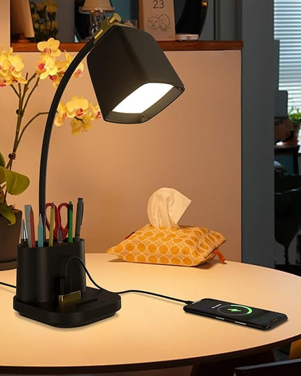 LED Desk Lamp with 2 USB Charging Port, 2 Pen Holders 3 Color Modes Dimmable Reading Light Desk Light, LED Small Desk Lamp Flexible Gooseneck Touch Table Lamp for Bedside Office Home, AC Adapter - LeafyLoom