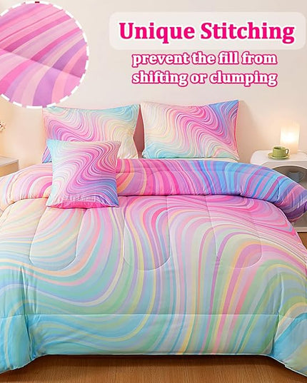 Girls Full Bedding Sets, 6 Pcs Pink Full Szie Comforter Set with Sheets, Tie Dye Superior Blue Pink Rainbow Bedding Set for Girls Kids - LeafyLoom