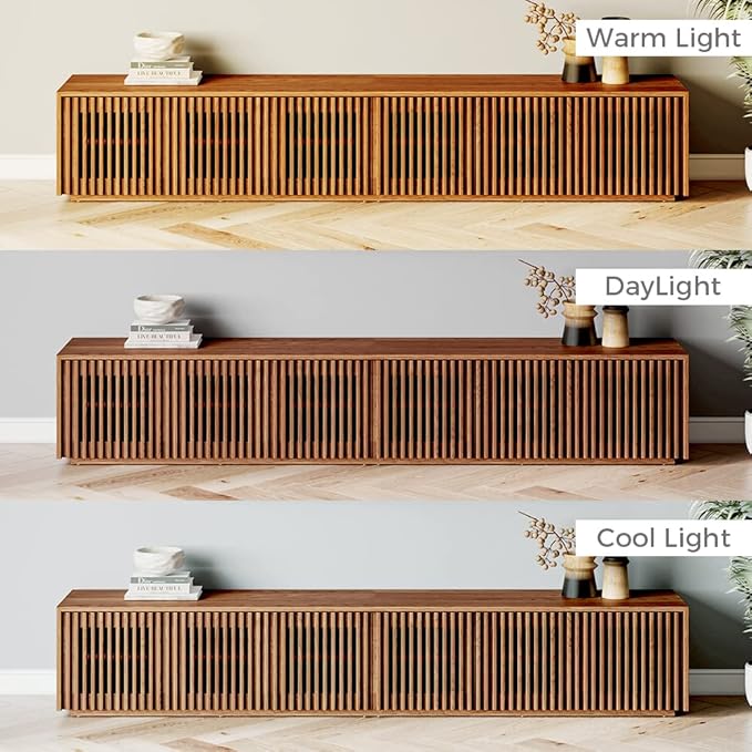 POVISON Mid Century Modern TV Stand, Solid Wood Media Console for 75+ inch TV, Full Assembled Farmhouse Entertainment Center with Storage for Living Room, Low Cabinet with Removable Shelves - LeafyLoom