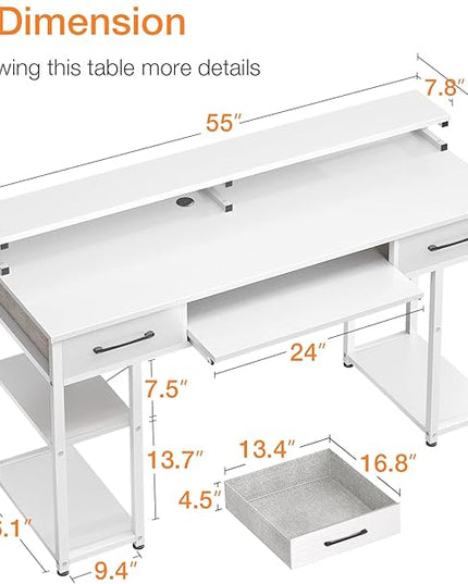 ODK Computer Desk, 55'' Office Desk with Keyboard Tray, Writting Desk with Drawers and Monitor Stand, Study Table with CPU Stand and Removable Shelf for Storage, White - LeafyLoom
