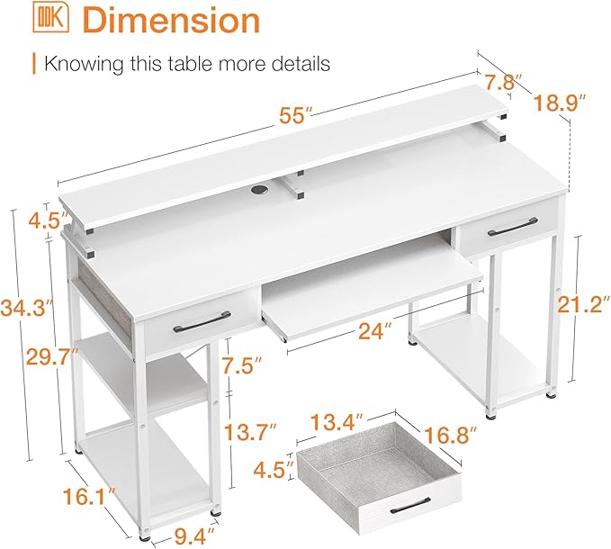 ODK Computer Desk, 55'' Office Desk with Keyboard Tray, Writting Desk with Drawers and Monitor Stand, Study Table with CPU Stand and Removable Shelf for Storage, White - LeafyLoom