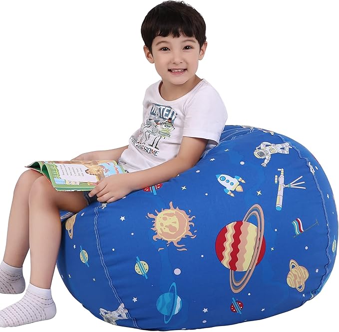 Lukeight Stuffed Animal Storage Bean Bag Chair Cover for Kids, Zipper Beanbag Chair Cover for Organizing Toddler & Kids' Rooms Plush Toys (Outer Space, X-Large) - LeafyLoom