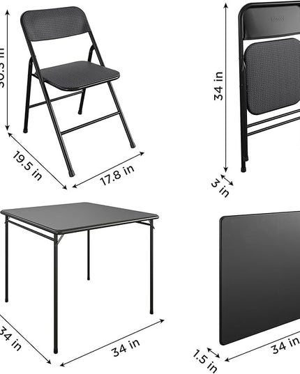 COSCO Premium 5-Piece Dining Set, with 34" Vinyl Top Card Table and 4 Fabric Padded Seat & Back Folding Chairs, Black - LeafyLoom