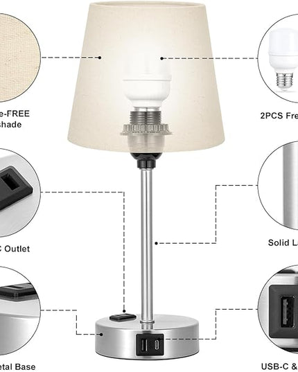 Table Lamps for Bedrooms Set of 2 Bedside - Nightstand Bedroom Lamp with USB C Port and AC Outlet Charging, Dimmable Touch Small End Side Lamp, Beige Night Stand Light for Kid/Guest Room/Living Room - LeafyLoom