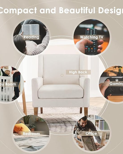 COLAMY Modern Wingback Living Room Chair, Upholstered Fabric Accent Armchair, Single Sofa chair with Lounge Seat and Wood Legs for Bedroom/Office/Reading Spaces, Beige - LeafyLoom