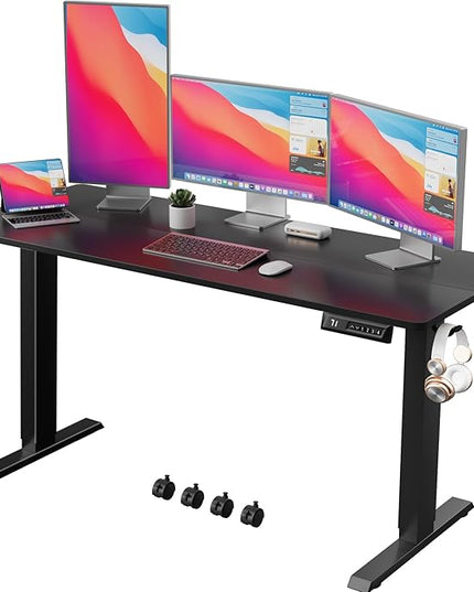 Electric Standing Desk 60 Inch, Ergonomic Height Adjustable Table with T-Shaped Metal Bracket Modern Computer Workstations for Home Office, Black - LeafyLoom