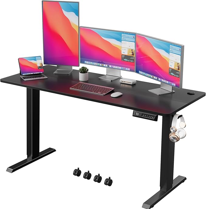 Electric Standing Desk 60 Inch, Ergonomic Height Adjustable Table with T-Shaped Metal Bracket Modern Computer Workstations for Home Office, Black - LeafyLoom