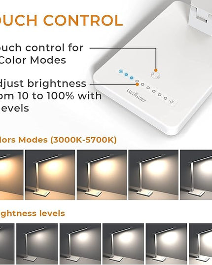 LED Desk Lamp with USB Port: Eye-Caring Office Desk Lamp with USB Charging Port 6-Level Brightness 5 Color Modes Touch Control Dimmable Portable Desk Light for College Dorm Room Home Office - LeafyLoom