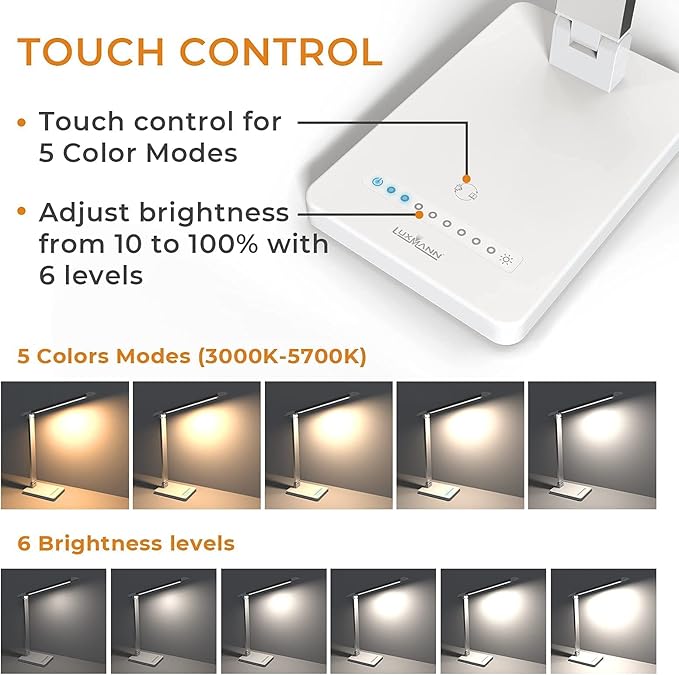 LED Desk Lamp with USB Port: Eye-Caring Office Desk Lamp with USB Charging Port 6-Level Brightness 5 Color Modes Touch Control Dimmable Portable Desk Light for College Dorm Room Home Office - LeafyLoom